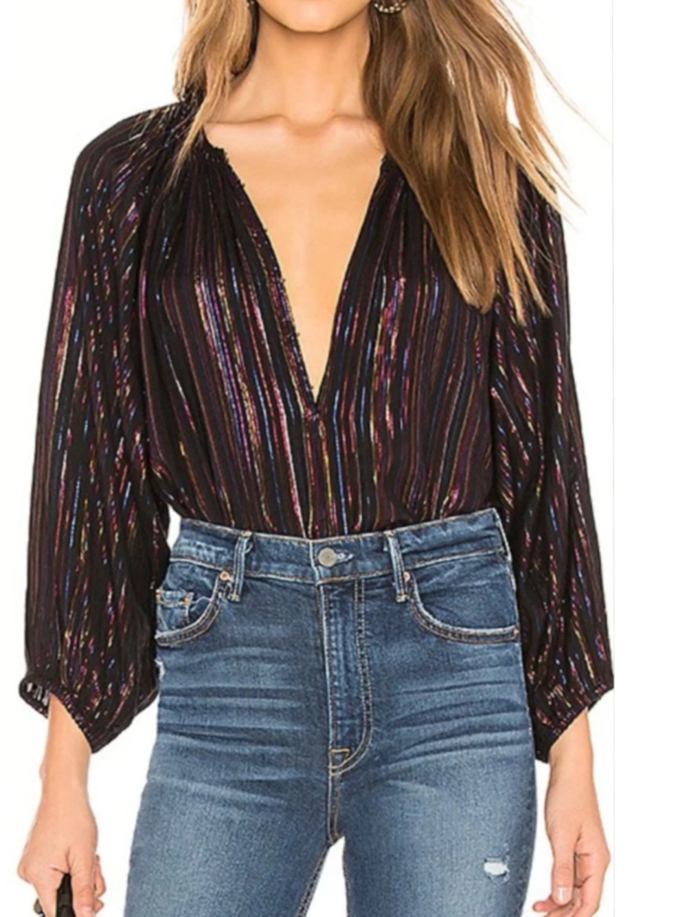 Apiece Apart Isla Multi Metallic Stripe Peasant Blouse Size 6
